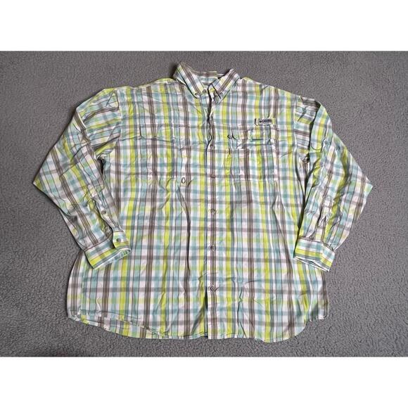 Columbia Button Shirt XL Performance Plaid Green Gray Long Sleeve Fishing Sport - Picture 1 of 13